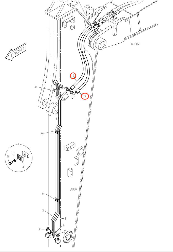 Doosan DX55W installation diagram showing hydraulic hose DS20551379 at Pipe No. 3