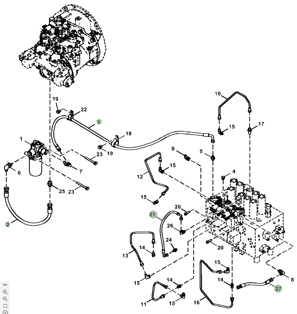 Hitachi ZX210LC-5G installation diagram showing hydraulic hose 4660684 at Pipe No. 27