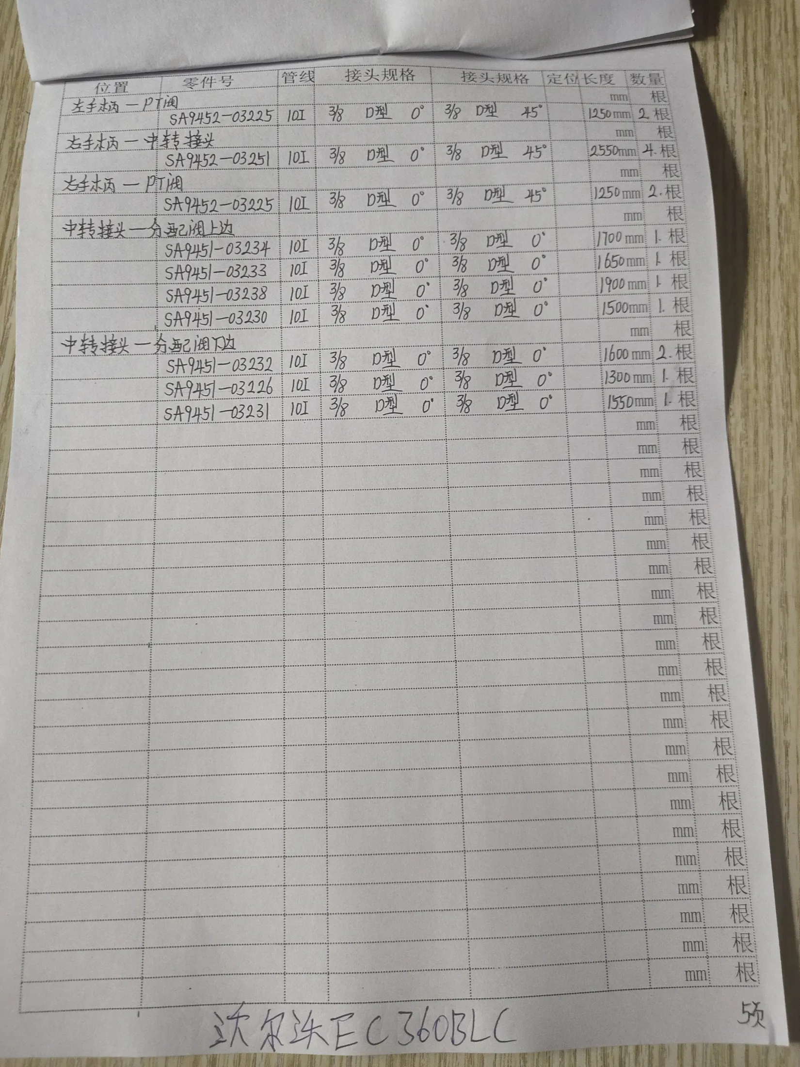 Volvo 360BLC hydraulic hose part numbers and recorded lengths — technician notebook page 5 of 5 — recorded hose parts SA9451-0323Z, SA9452-0322, SA9452-03251