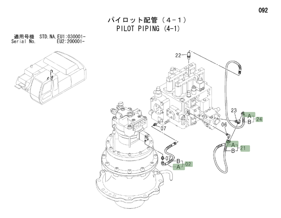 Hitachi ZX330LC installation diagram showing hydraulic hose 9190854 at Pipe No. 2