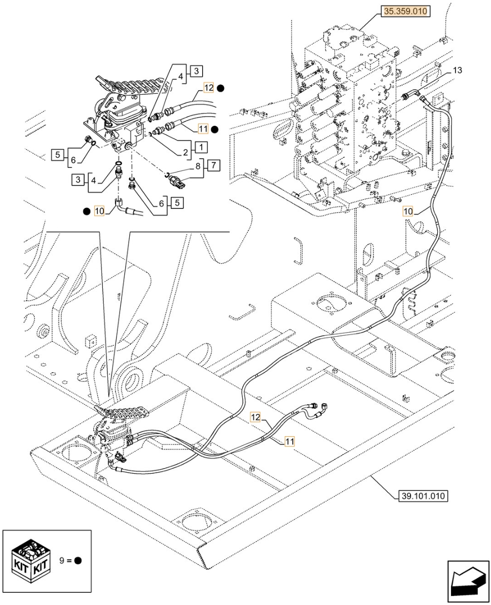 Case CX210D NLC installation diagram showing hydraulic hose KHJ2581 at Pipe No. 10
