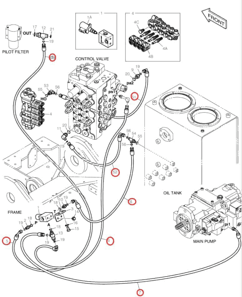Doosan DX140LCR-3 installation diagram showing hydraulic hose DS2121138 at Pipe No. 52