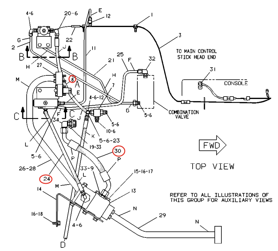 Caterpillar CAT®215D installation diagram showing hydraulic hose 9D-5861 at Pipe No. 24