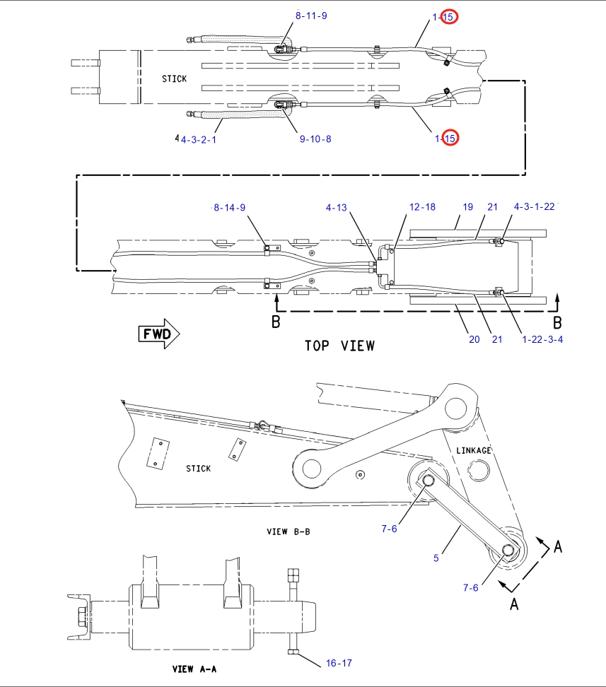 Caterpillar CAT®317B LN installation diagram showing hydraulic hose 173-3789 at Pipe No. 15
