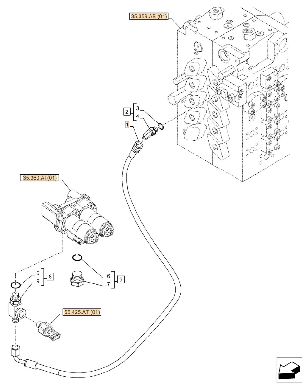 Case CX490D RTC installation diagram showing hydraulic hose KHJ12230 at Pipe No. 1