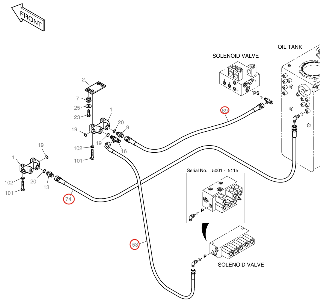 Doosan DX140W installation diagram showing hydraulic hose DS2053833 at Pipe No. 74