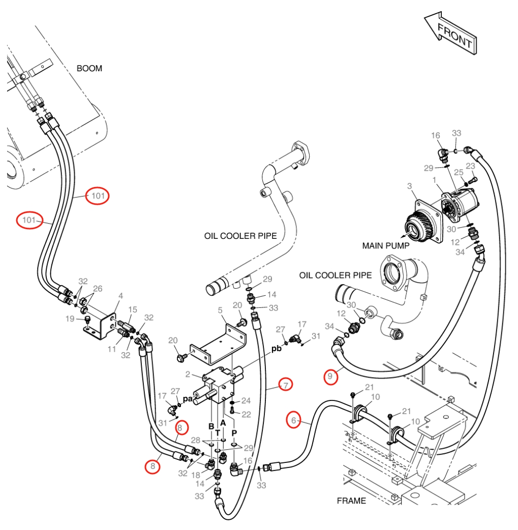Doosan DX140W-5 installation diagram showing hydraulic hose DS20131824 at Pipe No. 7