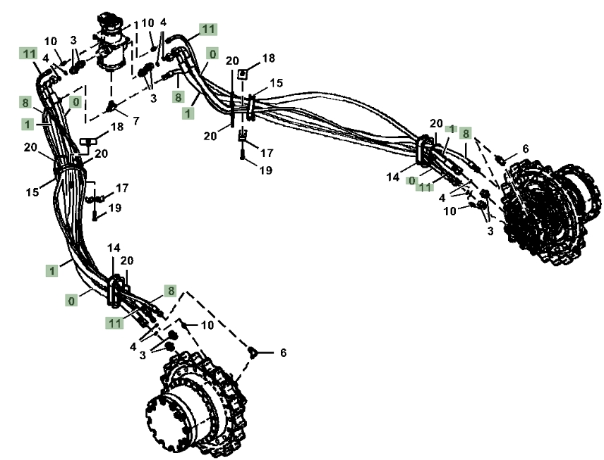 Hitachi ZX210-5A installation diagram showing hydraulic hose 4447566 at Pipe No. 11