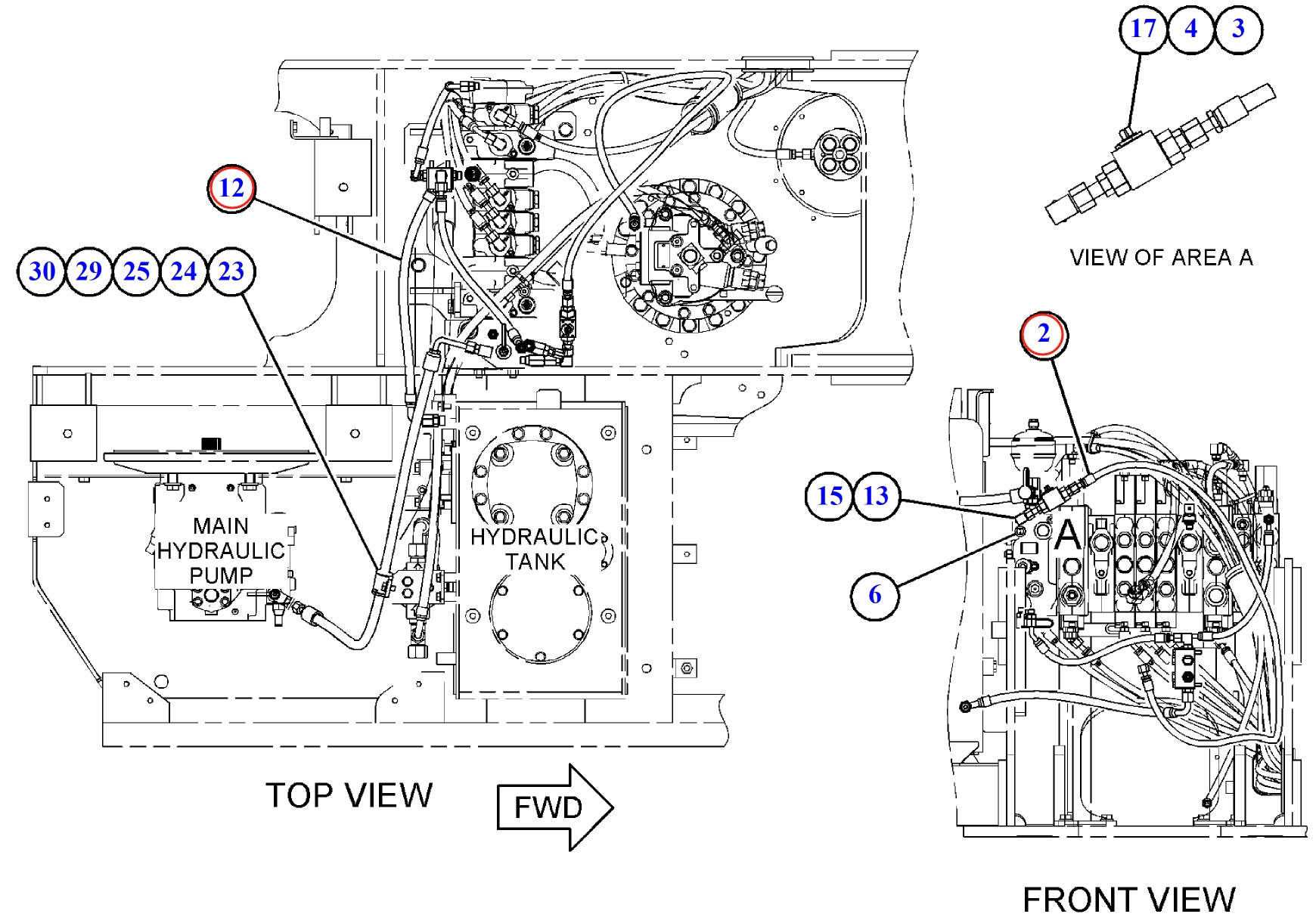 Caterpillar CAT®313F LGC installation diagram showing hydraulic hose 4I-5933 at Pipe No. 2