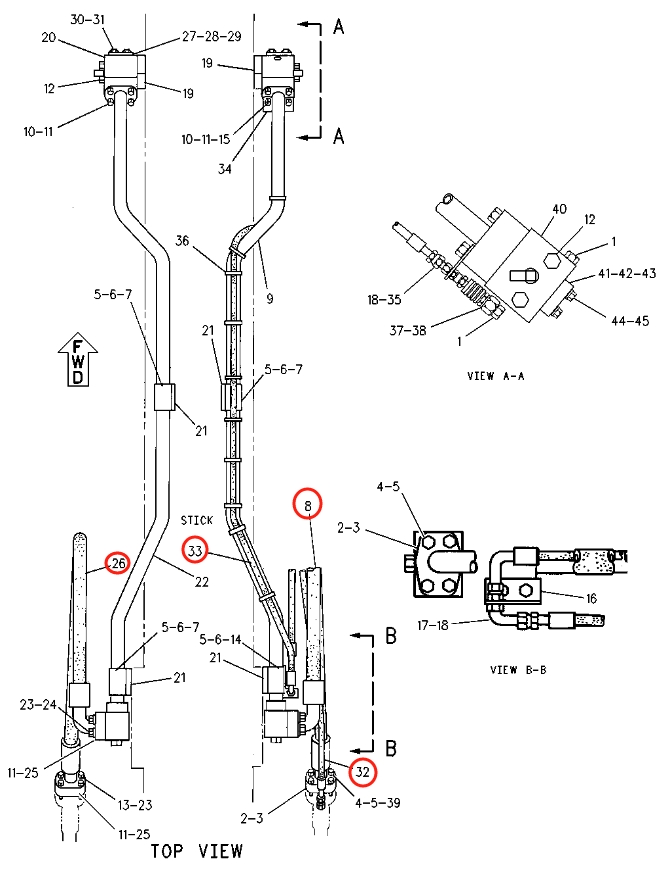 Caterpillar CAT®235C installation diagram showing hydraulic hose 9G-4432 at Pipe No. 32
