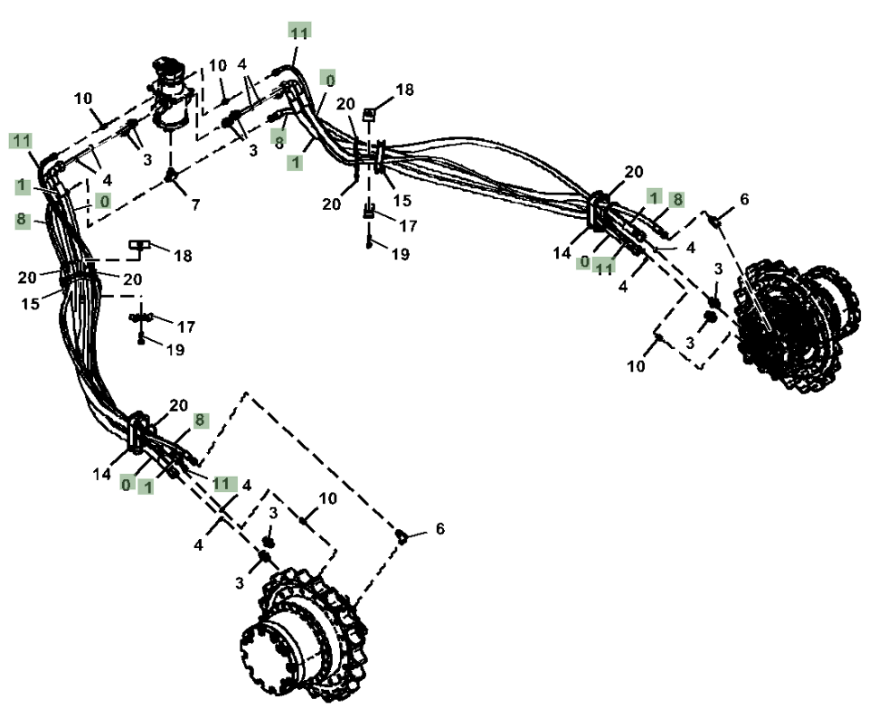 Hitachi ZX210LC-5N installation diagram showing hydraulic hose 4449378 at Pipe No. 11