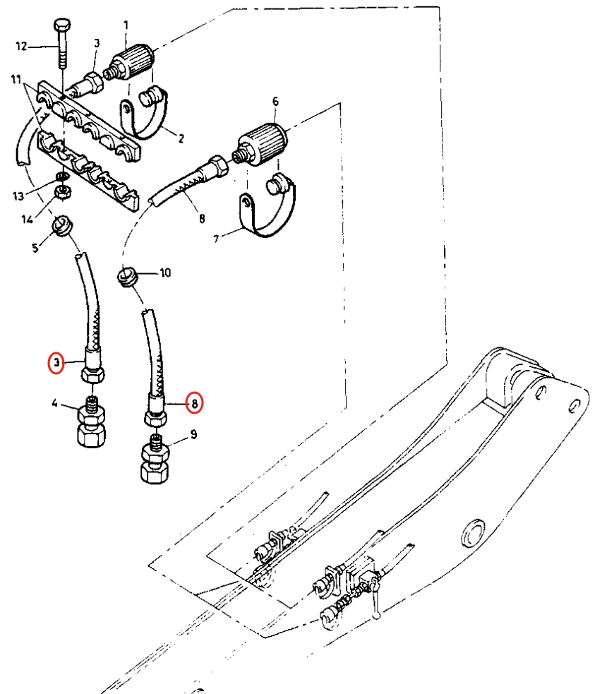 Caterpillar CAT®205 installation diagram showing hydraulic hose 5W-4939 at Pipe No. 8