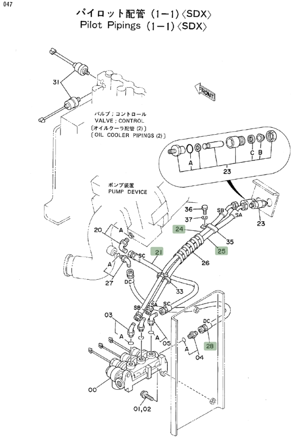 Hitachi EX150 installation diagram showing hydraulic hose 4216453 at Pipe No. 21