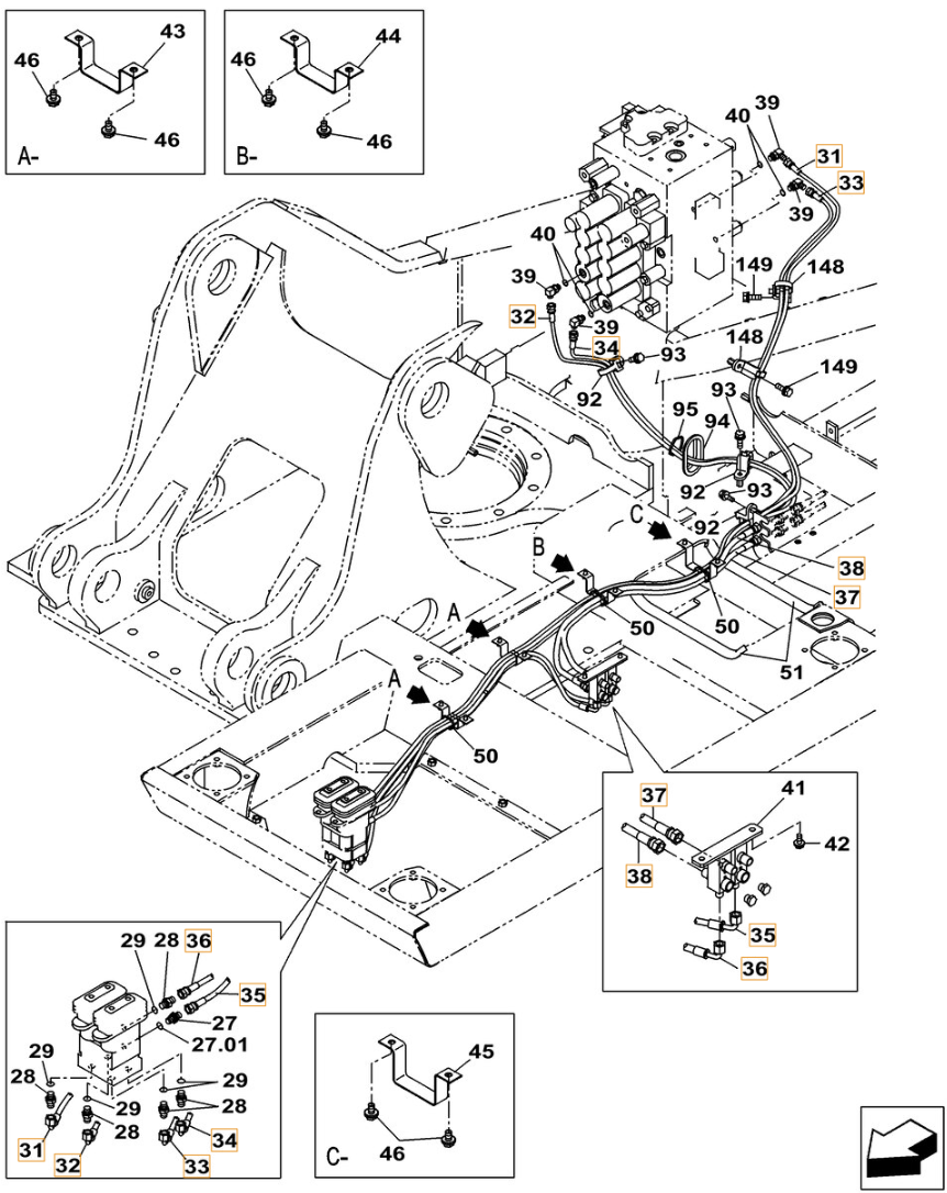 Case CX260C LC installation diagram showing hydraulic hose KHJ2581 at Pipe No. 31