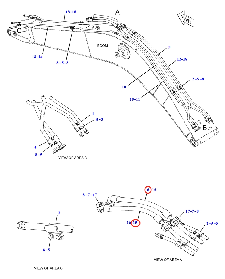 Caterpillar CAT®318D2 installation diagram showing hydraulic hose 266-1210 at Pipe No. 15