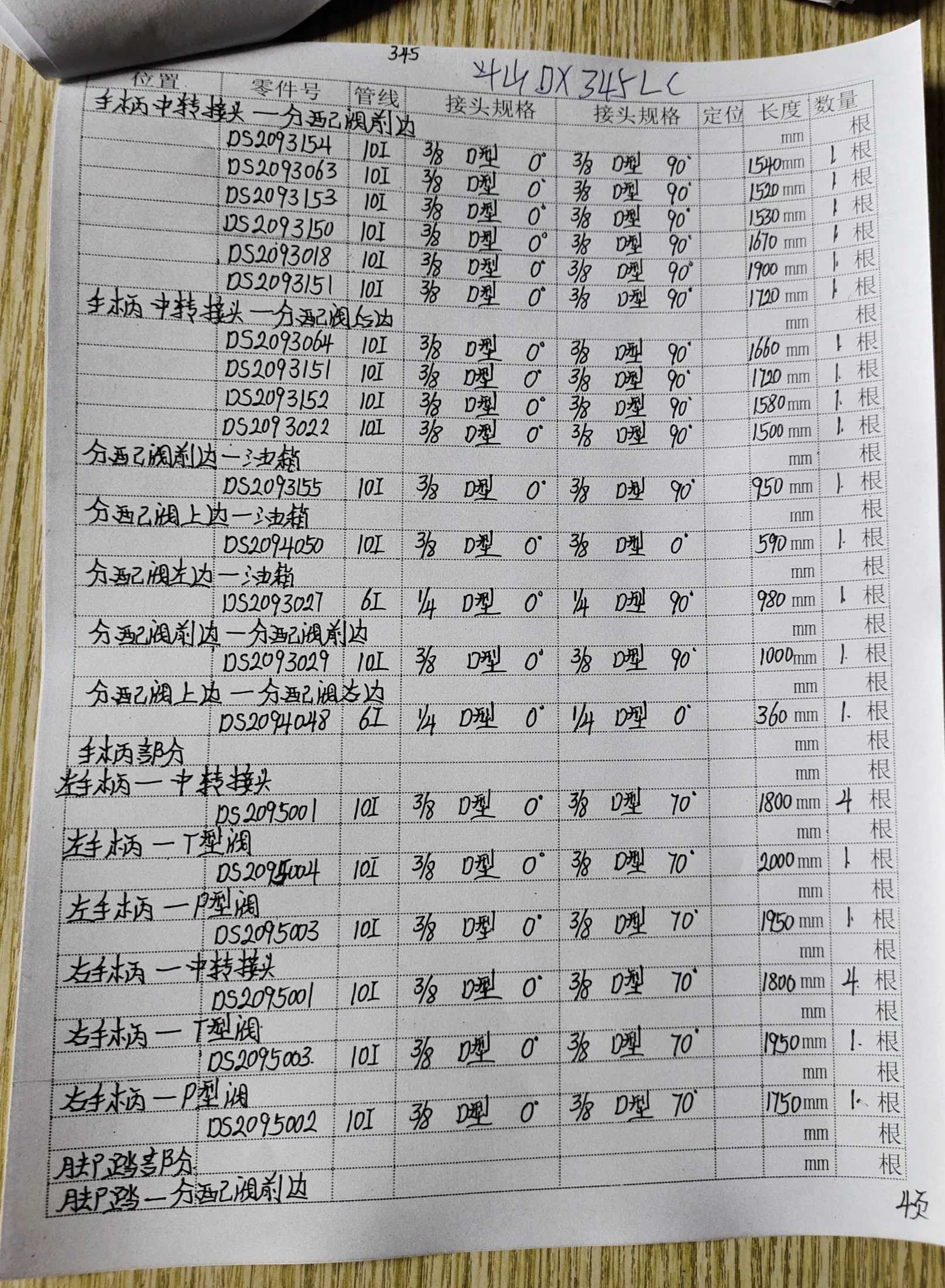 Doosan DX345LC hydraulic hose part numbers and recorded lengths — technician notebook page 4 of 5