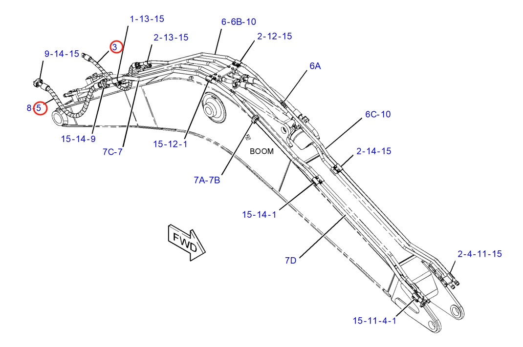 Caterpillar CAT®316F L installation diagram showing hydraulic hose 262-3538 at Pipe No. 5