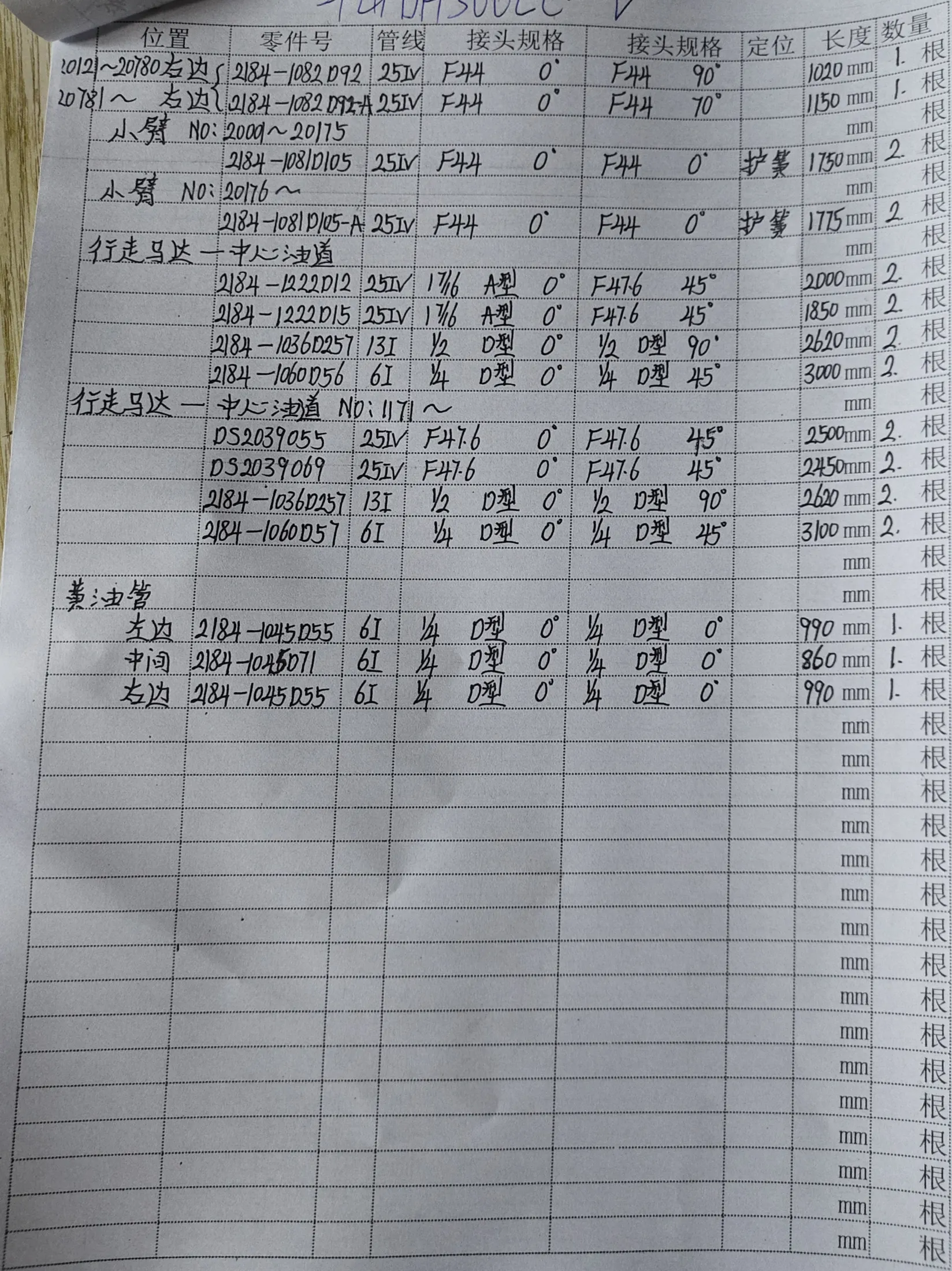 Doosan DH300LC-V hydraulic hose part numbers and recorded lengths — technician notebook page 2 of 5