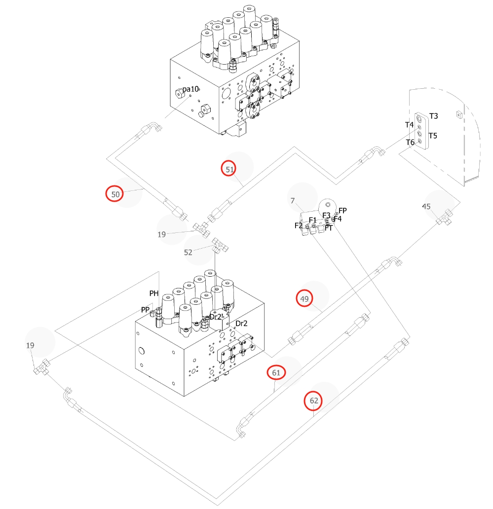 Sunward SWE365F installation diagram showing hydraulic hose 730502002466 at Pipe No. 50