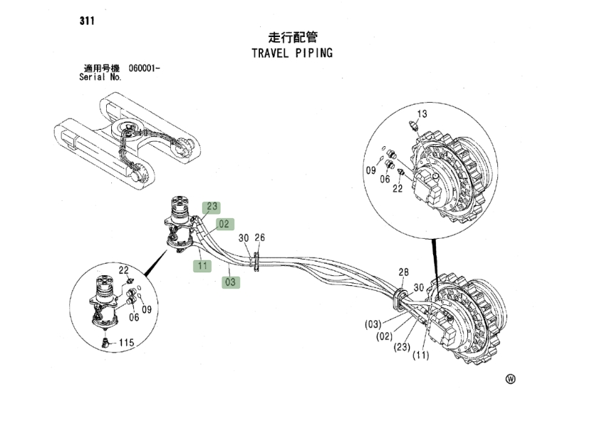 Hitachi ZX135US installation diagram showing hydraulic hose 4447483 at Pipe No. 11