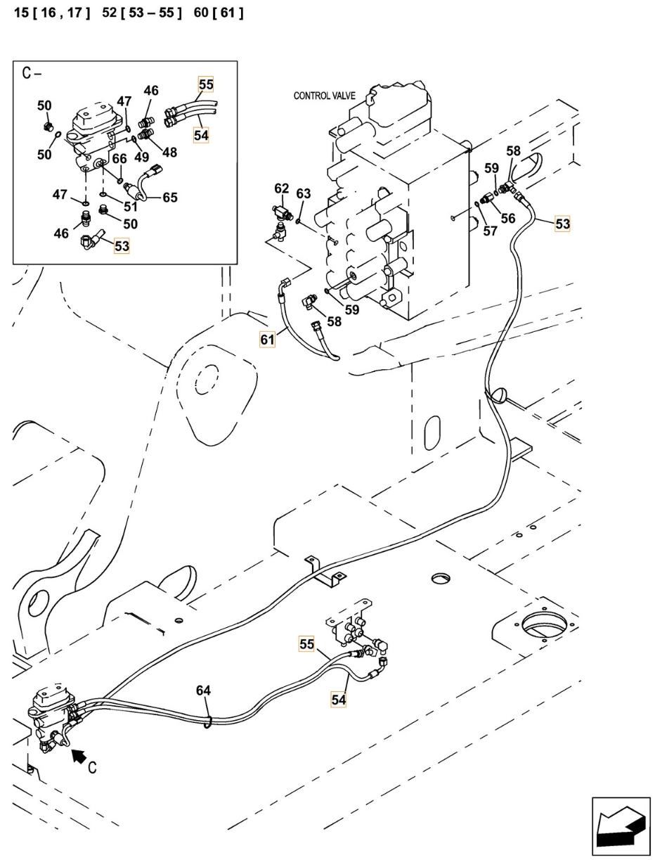 Case CX380C-8 LC installation diagram showing hydraulic hose KHJ2050 at Pipe No. 55