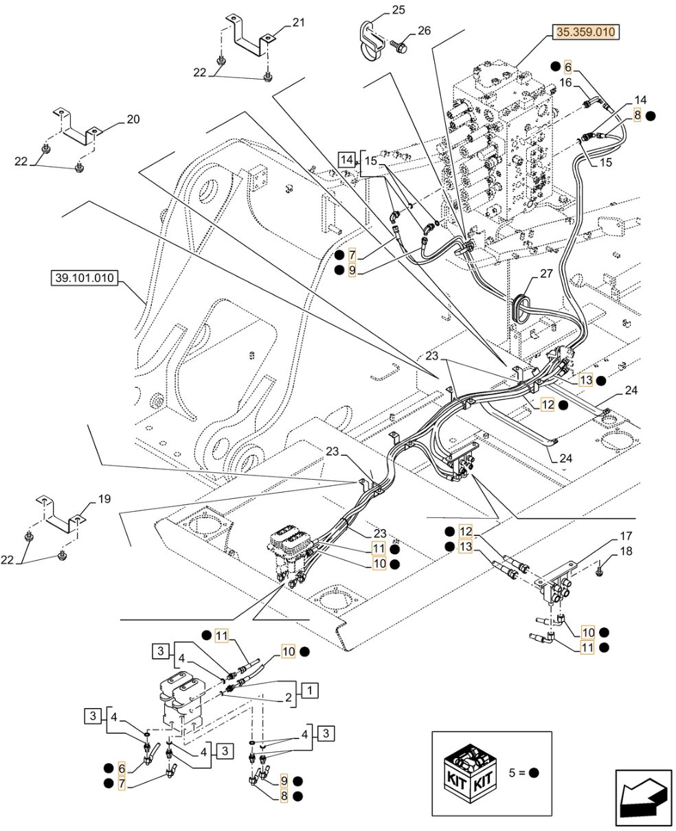 Case CX210D NLC installation diagram showing hydraulic hose KHJ2248 at Pipe No. 7