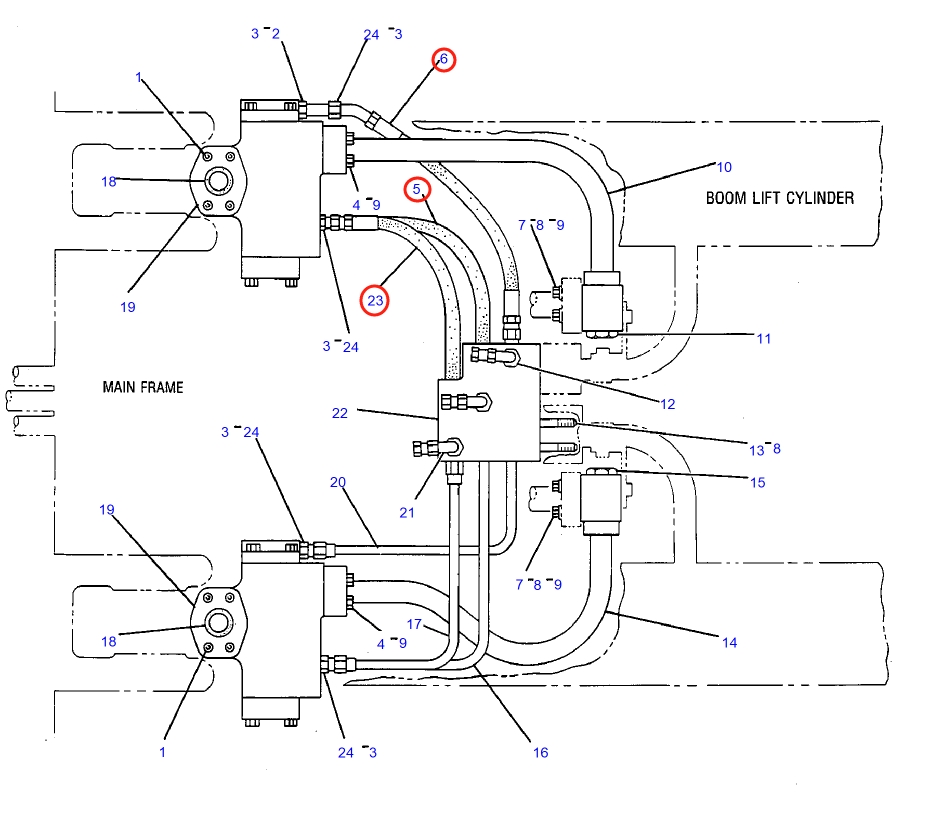 Caterpillar CAT®225B installation diagram showing hydraulic hose 7V-7377 at Pipe No. 5