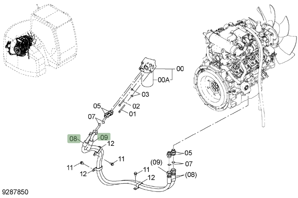 Hitachi ZX75US-3 installation diagram showing hydraulic hose 4679222 at Pipe No. 8