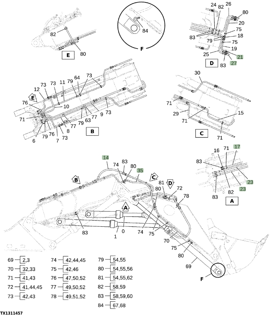 Hitachi EX1200-7 installation diagram showing hydraulic hose 4454670 at Pipe No. 21