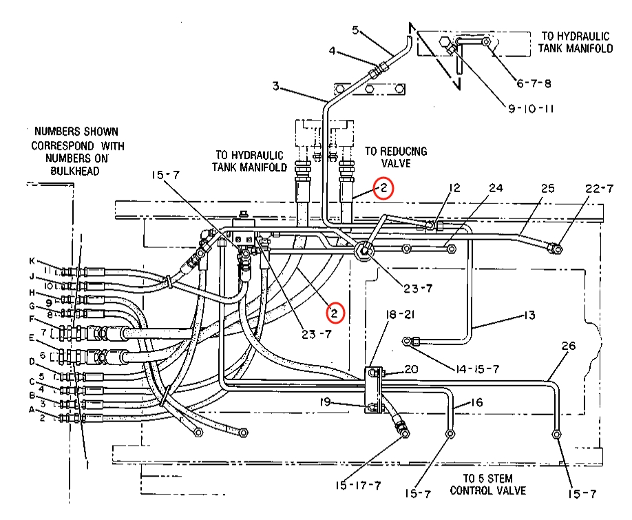 Caterpillar CAT®225B installation diagram showing hydraulic hose 7V-4250 at Pipe No. 2