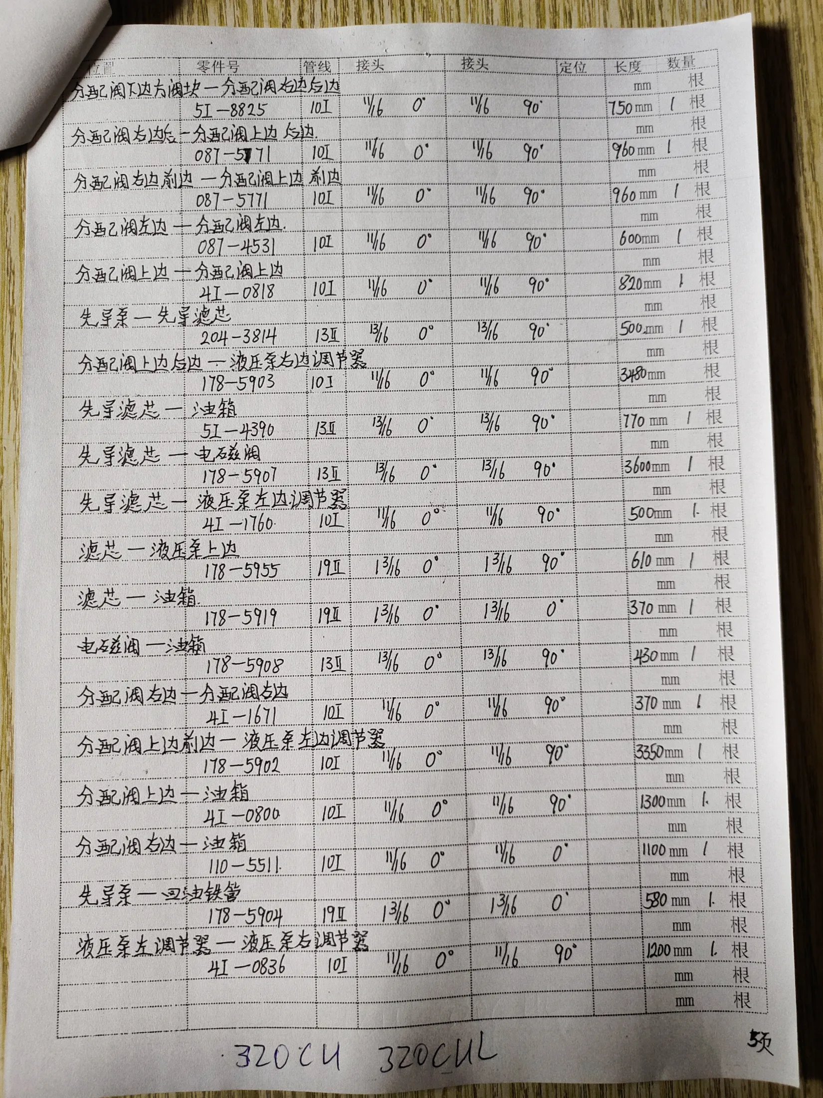 Caterpillar 320CUL hydraulic hose part numbers and recorded lengths — technician notebook page 5 of 6 — recorded hose parts 4I-0800, 4I-0818, 4I-0836