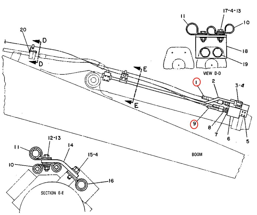 Caterpillar CAT®215 installation diagram showing hydraulic hose 6W-7642 at Pipe No. 9