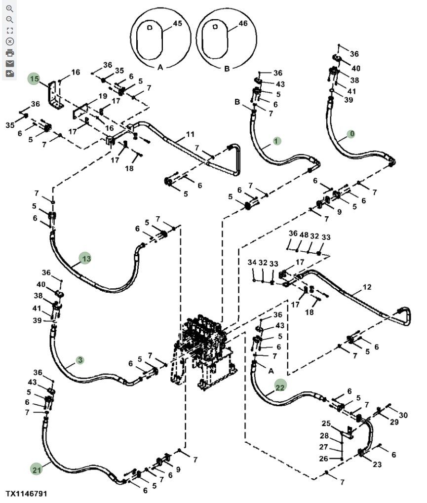 Hitachi ZX870LC-5G installation diagram showing hydraulic hose 4703562 at Pipe No. 22