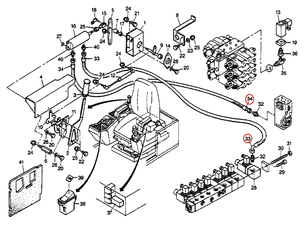 Caterpillar CAT®205B installation diagram showing hydraulic hose 8U-7090 at Pipe No. 34