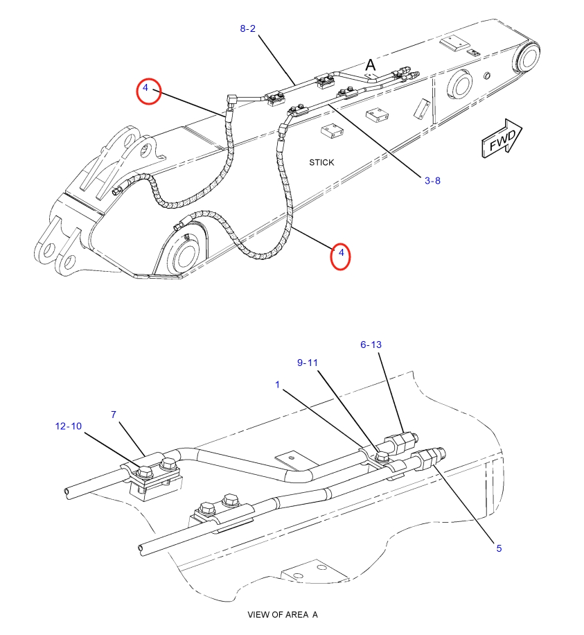 Caterpillar CAT®318E L installation diagram showing hydraulic hose 277-1251 at Pipe No. 4