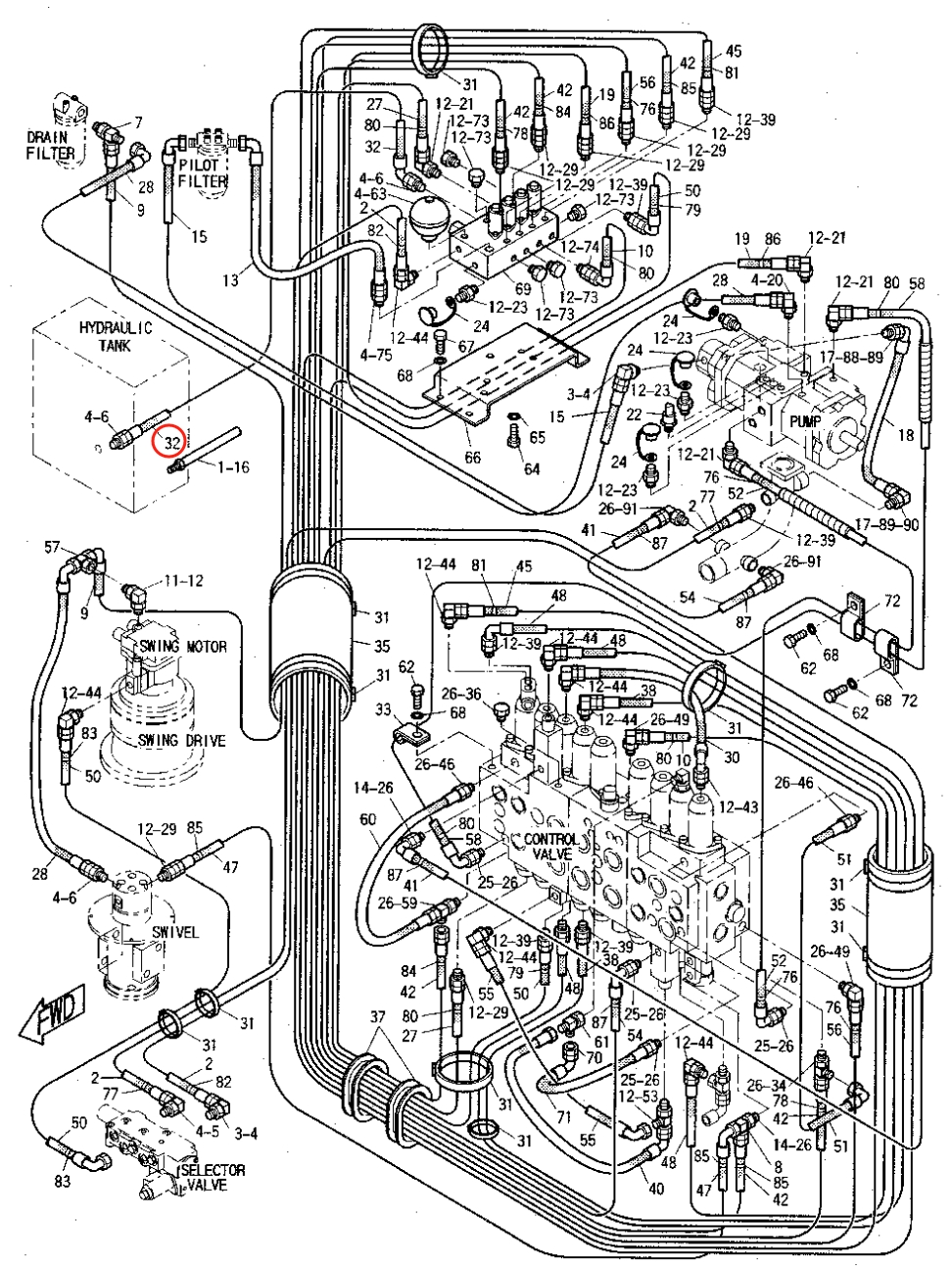Caterpillar CAT®312B installation diagram showing hydraulic hose 7I-0178 at Pipe No. 32