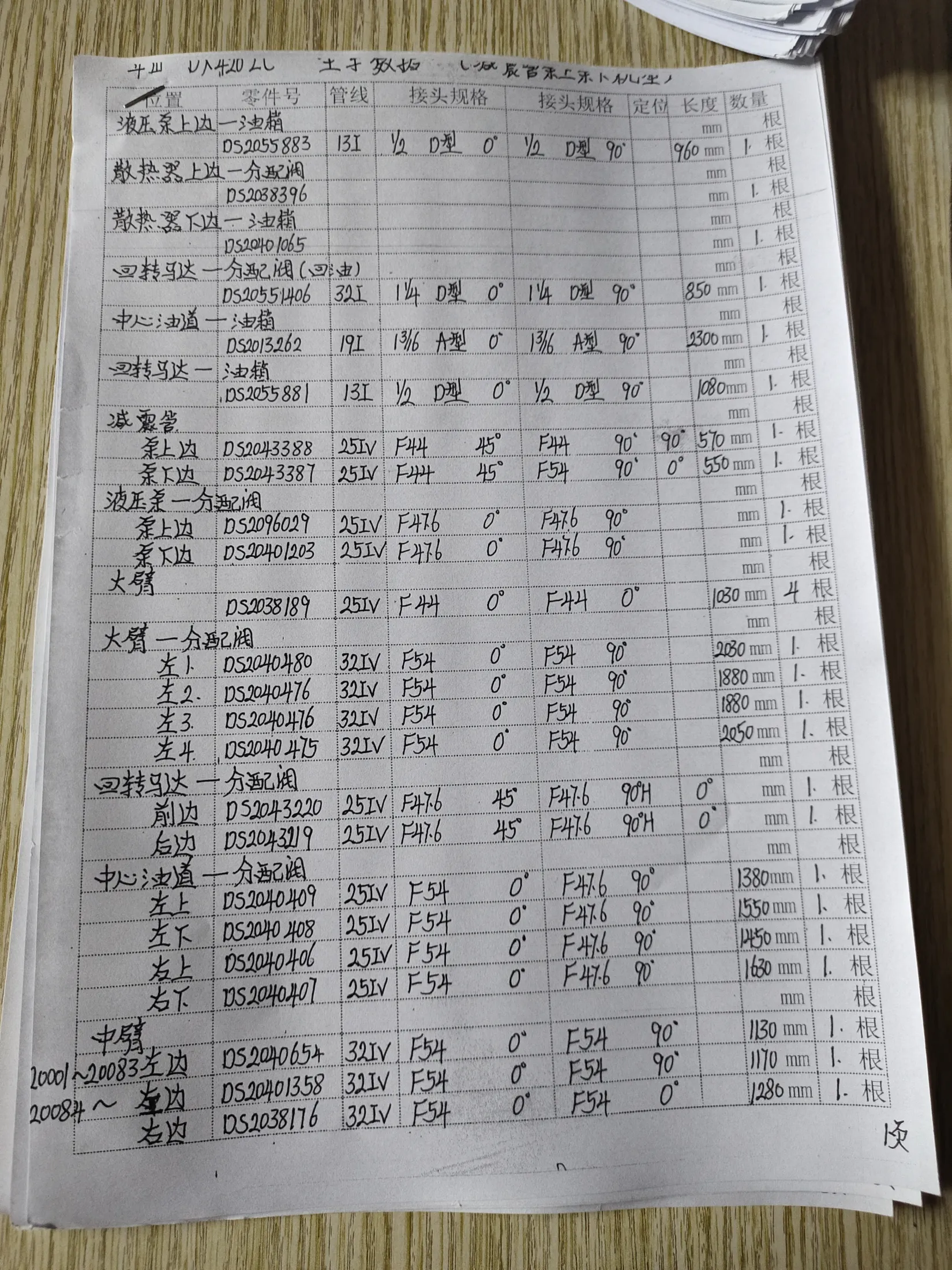 Doosan DH420LC hydraulic hose part numbers and recorded lengths — technician notebook page 1 of 5 — recorded hose parts 10S205588, D520401358, D52040408