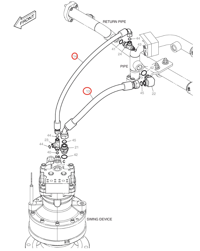 Doosan DX140W-5 installation diagram showing hydraulic hose DS20131714 at Pipe No. 14