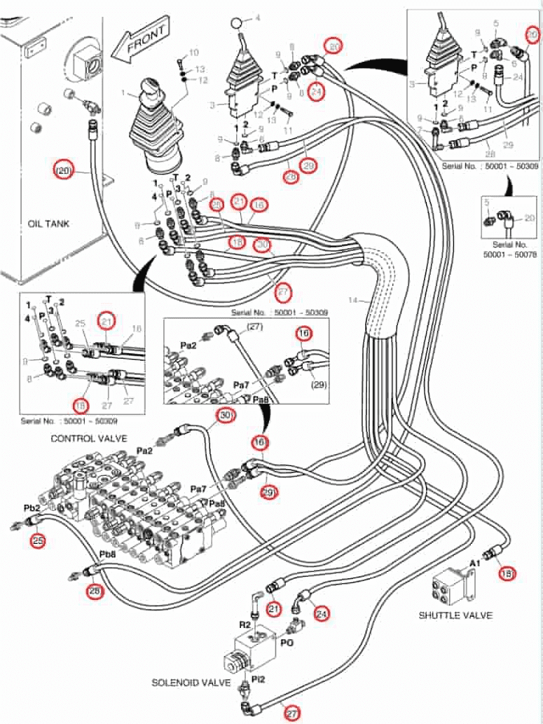 Doosan DX55 installation diagram showing hydraulic hose DS2092103 at Pipe No. 21