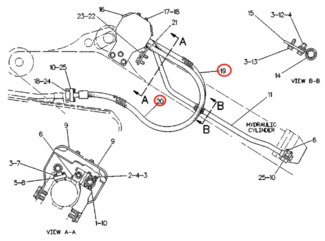 Caterpillar CAT®235C installation diagram showing hydraulic hose 8V-6563 at Pipe No. 19
