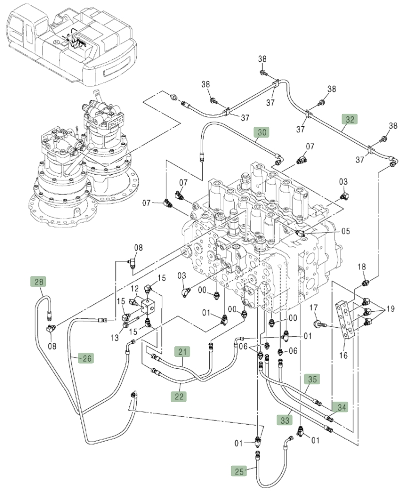 Hitachi ZX600LC installation diagram showing hydraulic hose 4437412 at Pipe No. 30