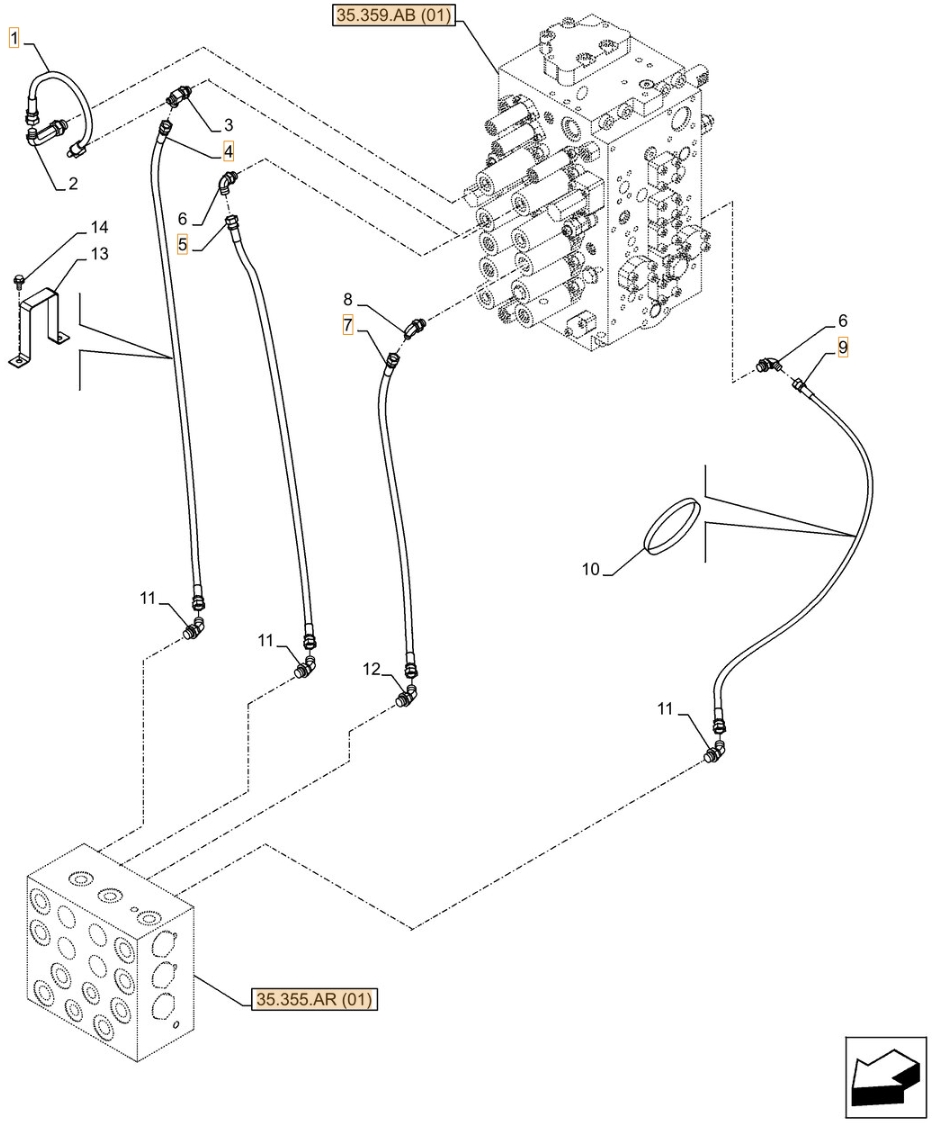 Case CX300D NLC installation diagram showing hydraulic hose KHJ2342 at Pipe No. 1