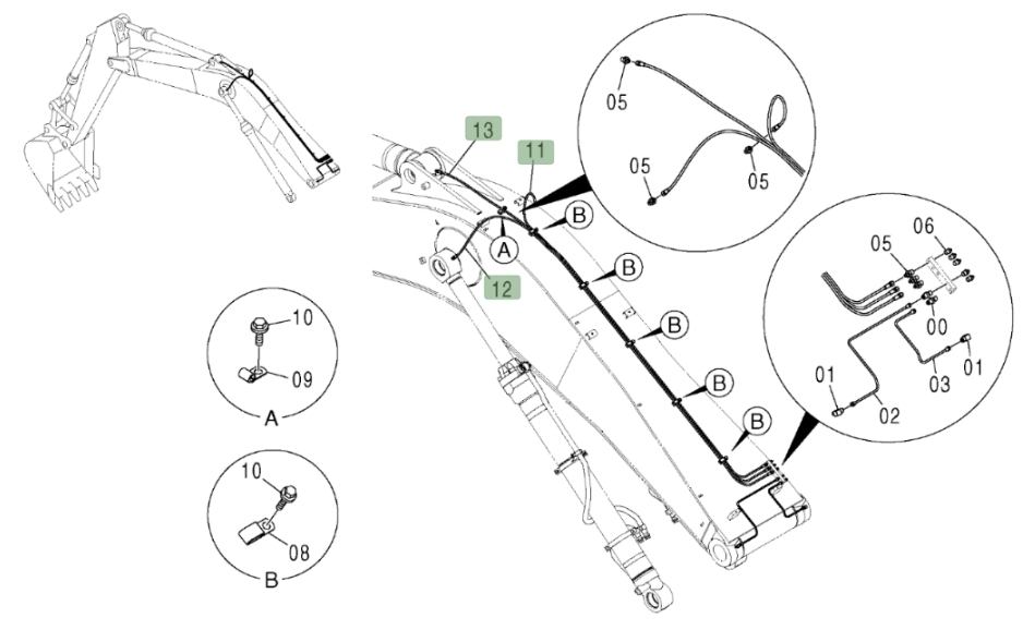 Hitachi ZX370 installation diagram showing hydraulic hose 4316009 at Pipe No. 13