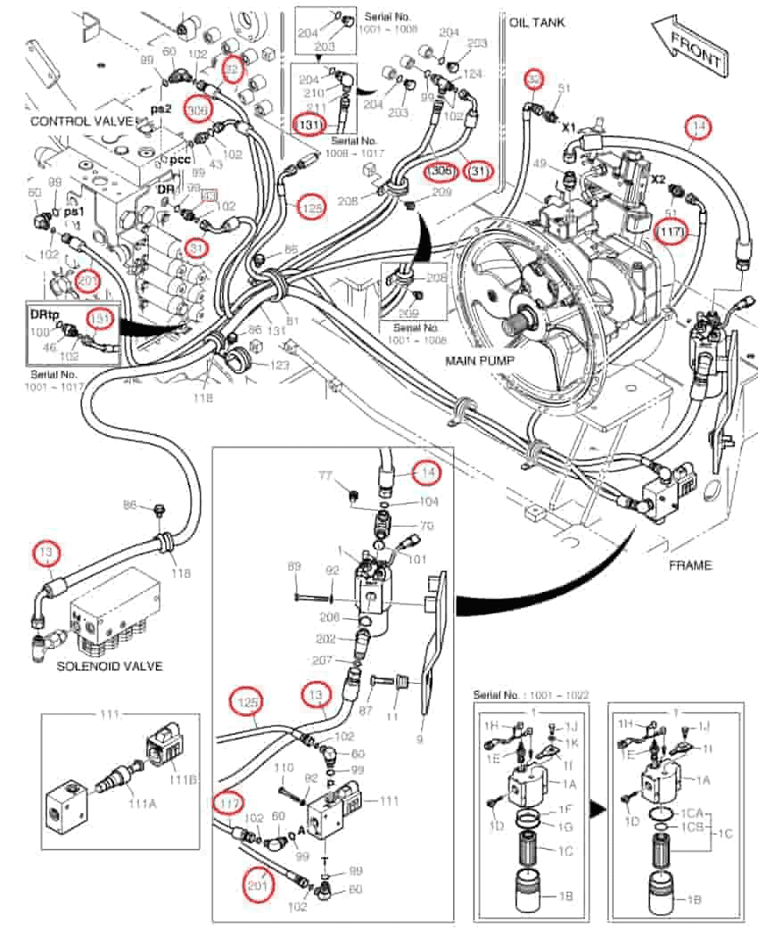 Doosan DX160W-3 installation diagram showing hydraulic hose DS2119068 at Pipe No. 201