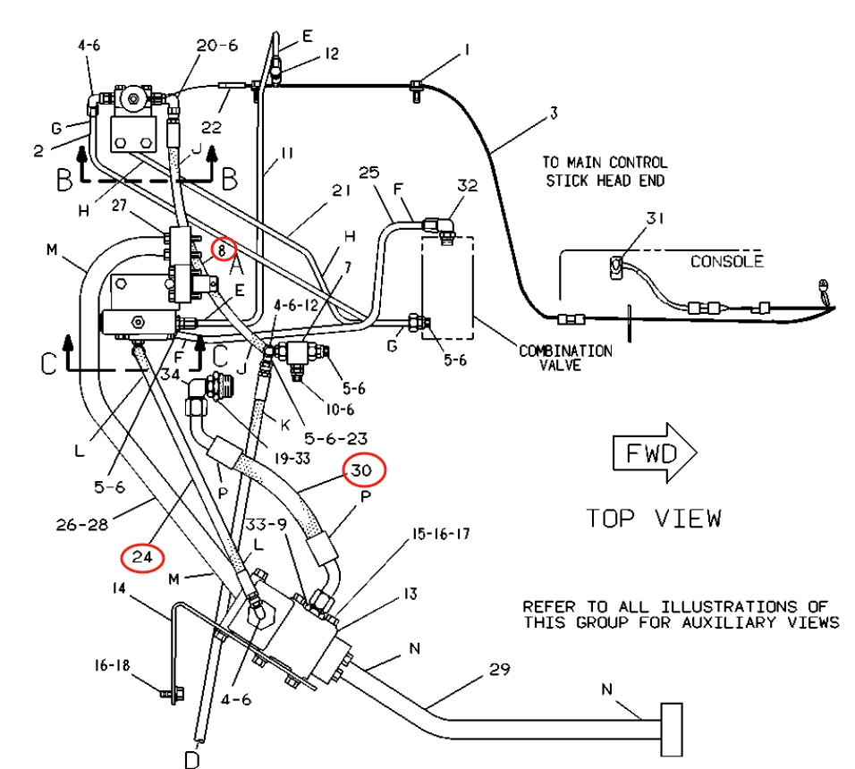 Caterpillar CAT®219D installation diagram showing hydraulic hose 9D-5861 at Pipe No. 24