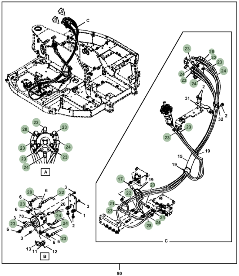 Hitachi ZX85USB-5N installation diagram showing hydraulic hose 4458065 at Pipe No. 24