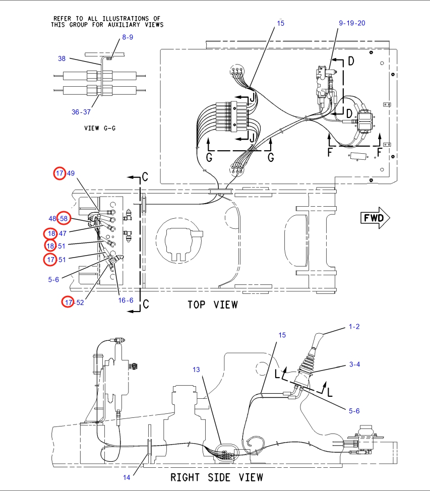Caterpillar CAT®318B N installation diagram showing hydraulic hose 4I-6233 at Pipe No. 17