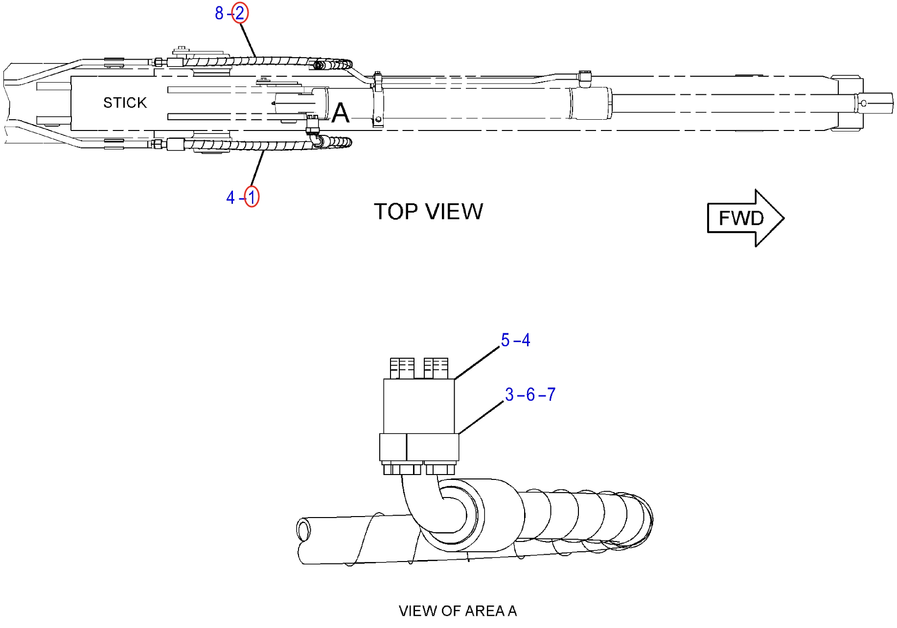 Caterpillar CAT®312C installation diagram showing hydraulic hose 124-0838 at Pipe No. 2