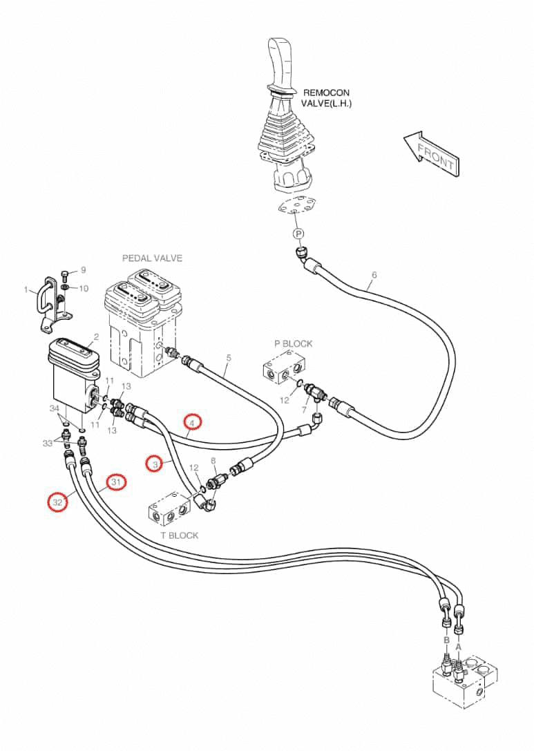 Doosan DX140LC installation diagram showing hydraulic hose DS2093114 at Pipe No. 31