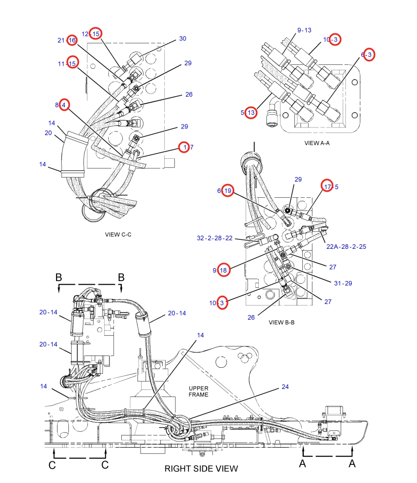 Caterpillar CAT®313D installation diagram showing hydraulic hose 104-8973 at Pipe No. 17